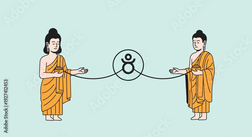 Two Buddhist monks connected by a harmony symbol