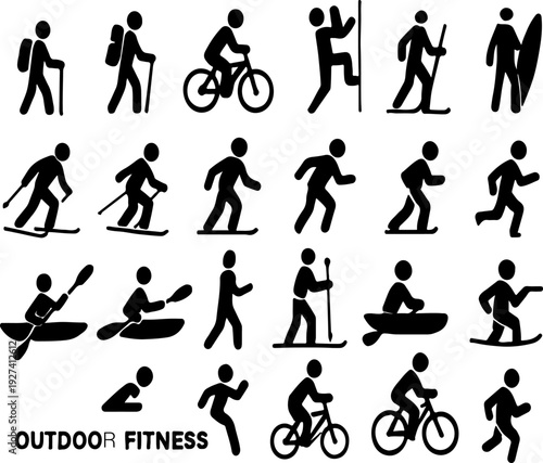 Diverse Outdoor Activity Icons: Hiking, Biking, Kayaking, Skiing, Running, Surfing Vector Illustration