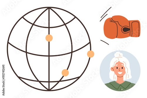 Communication, teamwork, conflict, global business, sports, diversity. A globe, boxing glove and smiling person are . Communication and teamwork highlighted with dynamic imagery