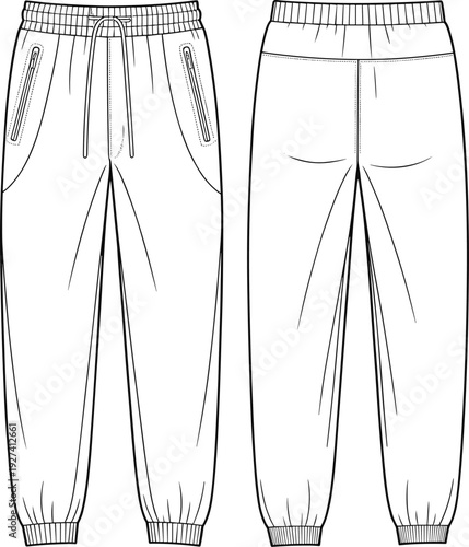 Technical flat sketch of jogger pants front and back views with elastic waistband, drawstring, zippered side pockets, ankle cuffs, and garment construction illustration for fashion design