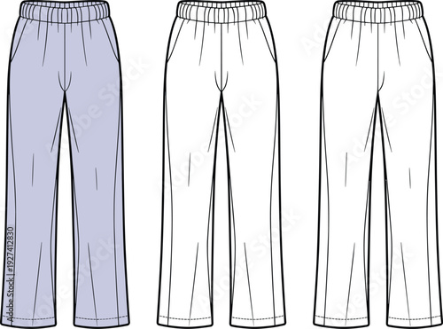 Vector flat sketch illustration of a women's wide leg sweatpants with elastic waistband and side pockets for fashion design technical drawing and apparel brandingVector 