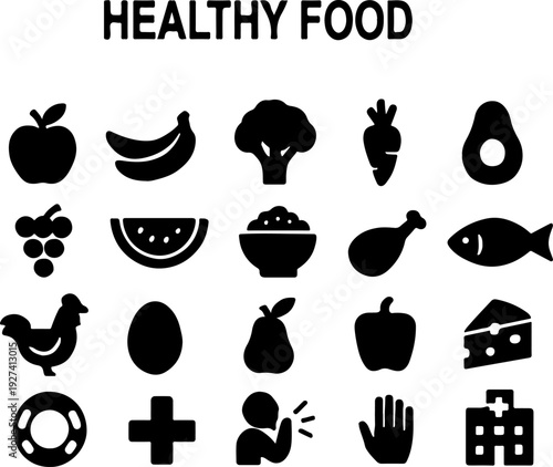 Healthy Food Icons Set: Fresh Fruits, Vegetables, Protein and More - Flat Design Vector Illustration