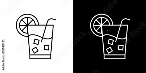 Vector line icon of refreshing iced drink with citrus slice and straw. Ideal for summer beverages, menu design, web graphics, and app UI elements