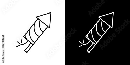 Outline icon of a firework rocket on white and black backgrounds, symbolizing celebration and festivities