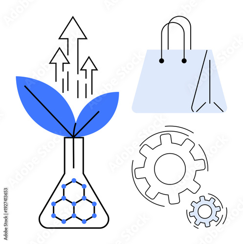 Sustainability, biotechnology, eco growth, innovation, retail, productivity. Plant growing from a chemical flask, a shopping bag and gears. Sustainability and biotechnology conceptual