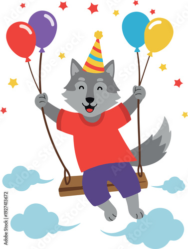 Happy Cartoon Wolf Swinging With Balloons And Stars On White Background