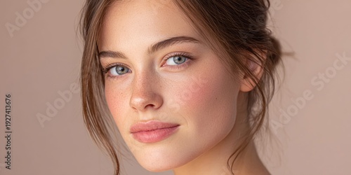 Close-up portrait of a young woman with freckles and soft makeup, looking gently forward
