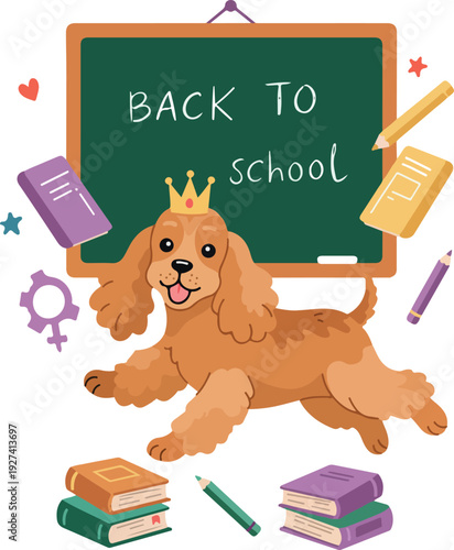Happy Cocker Spaniel Dog Wearing Crown Back To School Vector Art