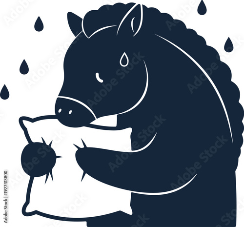 Happy Dark Blue Horse Hugs Pillow with Rain Drops