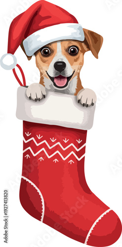 Happy Dog in Red Christmas Stocking Wearing Santa Hat Festive Holiday