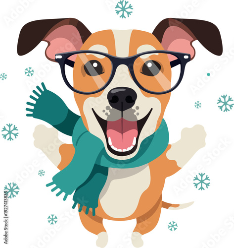 Happy Dog Wearing Glasses and Scarf Enjoying Snowfall