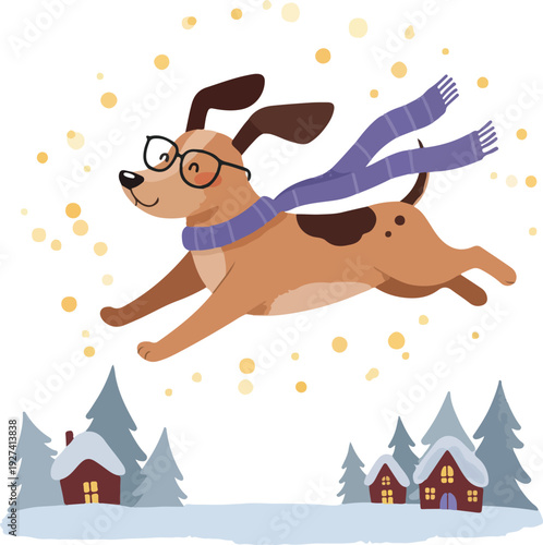 Happy Dog Jumps Wearing Scarf and Glasses Winter Snow Background Minimalist Flat