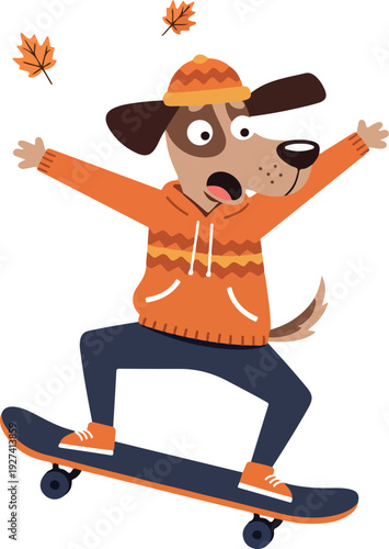 Happy Dog With Orange Hoodie Riding Skateboard During Autumn Leaves