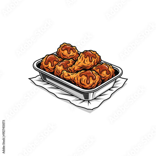 Golden Fried Chicken Drumsticks in Foil Container logo icon flat vector design