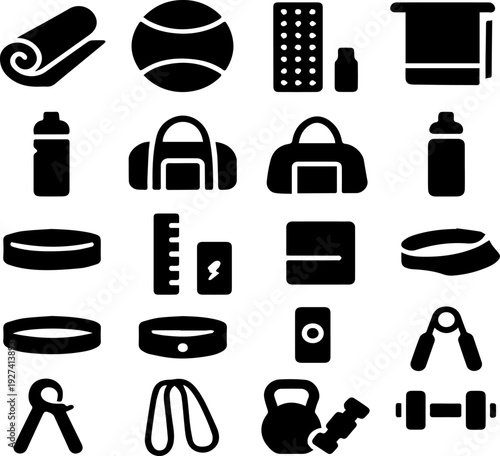 Fitness and Sports Equipment Icons Set: Dumbbell, Kettlebell, Yoga Mat, Towel, Water Bottle - Flat Design Vector Illustration