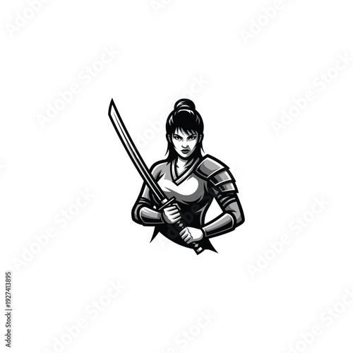 Strong Female Warrior Holding Sword logo icon flat vector design