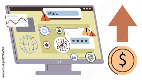 Cybersecurity, online threats, data protection, digital economy, web monitoring, malware alerts. A computer screen with warning icons, graphs and money symbol. Cybersecurity and online threats