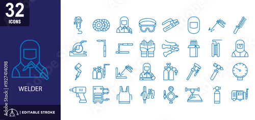  Welder line blue icon set