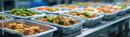 Multiple aluminum trays filled with a variety of prepared foods arranged in a buffet or catering line.