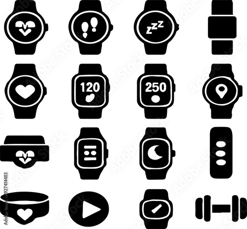 Smartwatch Icons Set: Health, Fitness, Sleep, Location Tracking Icons - Flat Design Vector Illustration