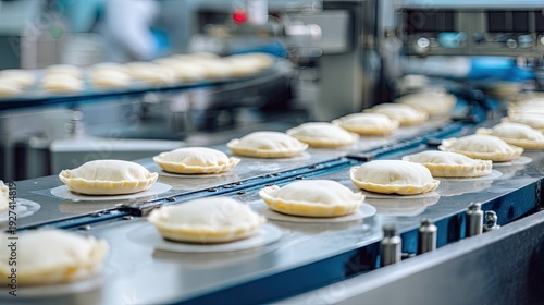 Automated production line with rows of uncooked pastries on a conveyor belt in a factory setting.