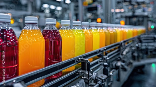 Wallpaper Mural Bottles filled with colorful beverages move along an automated conveyor belt in a modern beverage production facility. Torontodigital.ca