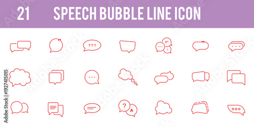 Red speech bubble thin line icon set. Speech bubble editable line icons, chat and messaging symbols, talking, discussion, and social media conversation vector set.  Message, comment, dialogue. EPS 10.