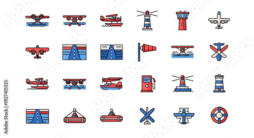 Collection of aviation and marina icons in vector flat outline style, featuring seaplanes, air traffic control towers, gas station, and marine details.