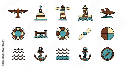 Vector Set Nautical and Aviation Elements in Flat Design. Travel Icons Airplane, Lighthouse, Lifebuoy, Anchor, Compass. Tourism, Adventure, Holiday, Transportation.