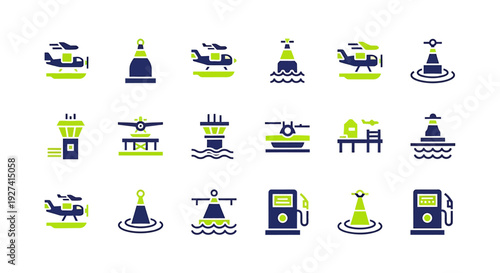 Vector icons depicting maritime activities, including helicopters, buoys, refueling station in a minimalist, flat style against a plain background