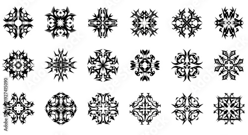 ornamental floral patterns, black and white design elements