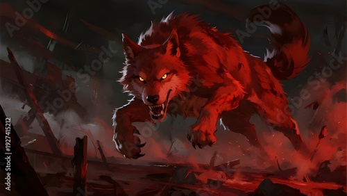A fierce red wolf leaps forward through smoke and embers, baring its teeth in a dramatic, fiery scene.