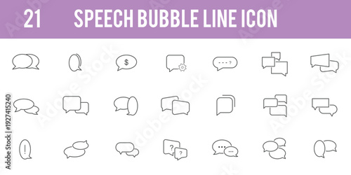 Speech bubble line icon set. Set of 21 outline icons related to speech, bubble, dialogue, message, chat, talk, comic and others. Editable stroke. Chat, speak bubble, Q and A, ask, support, dialog. 