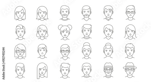 line art portraits collection, diverse people faces, avatars set
