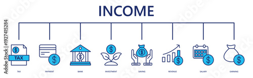 income web banner icon vector illustration with tax, payment, bank, investment, saving, revenue, salary, earning