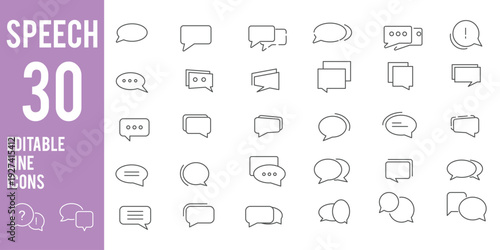 Speech bubble line icon set. Set of 21 outline icons related to speech, bubble, dialogue, message, chat, talk, comic and others. Editable stroke. Chat, speak bubble, Q and A, ask, support, dialog. 