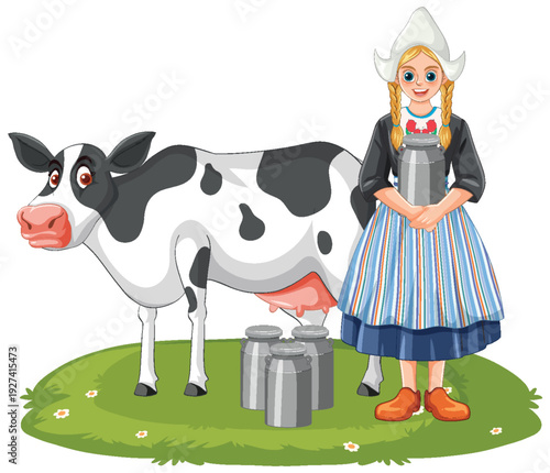 Dairy Farmer Girl with Cow and Milk Cans Outdoors