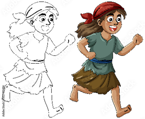 Smiling Young Bandit Girl Running with Red Headscarf
