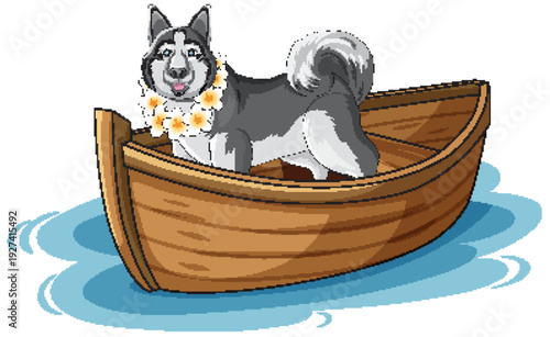 Siberian Husky Wearing Flower Lei Standing in a Wooden Rowboat