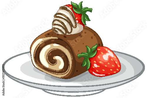 Chocolate Swiss Roll Cake with Fresh Strawberries on a White Plate