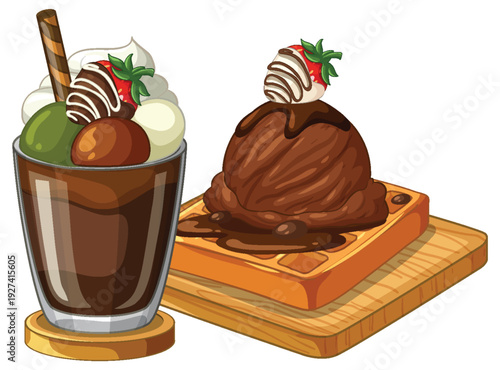 Chocolate Ice Cream Sundae and Waffle with Strawberry Toppings Vector Illustration