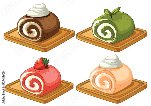 Assorted Swiss Roll Cake Slices on Wooden Boards Vector Illustration