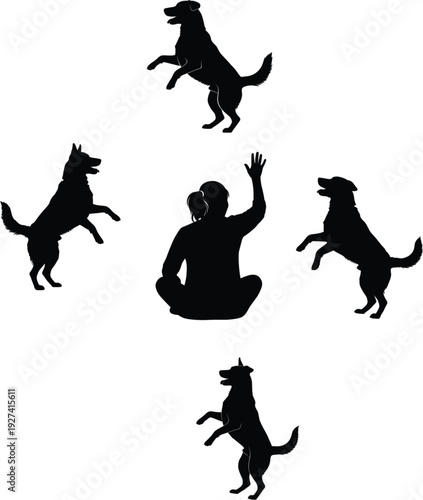 Black silhouette of a person sitting with four jumping dogs in a circular pattern isolated on white background vector