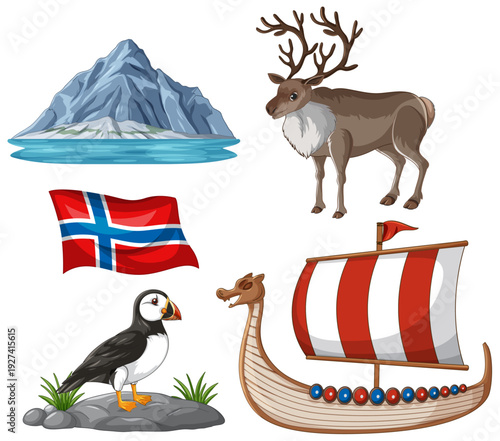 Norway Cultural and Natural Symbols Vector Illustration Set on White Background
