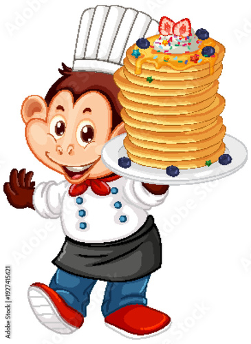 Cartoon Monkey Chef Holding a Large Stack of Pancakes on a Plate