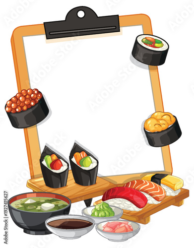 Japanese Sushi Menu Template with Clipboard and Miso Soup Illustration