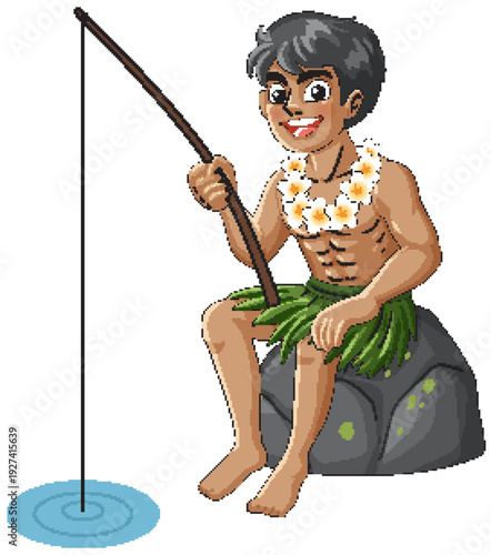 Young Islander Boy Fishing with Wooden Rod by Water