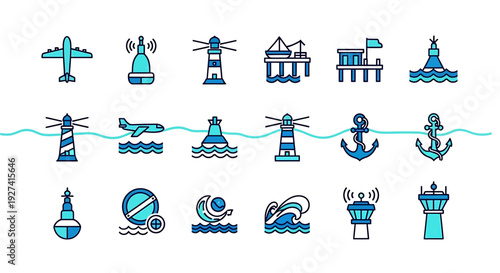 Collection of sea and air icons airplane, lighthouses, platforms, beacons, buoys and more, in a clean, flat, modern design, ideal for web or app use.