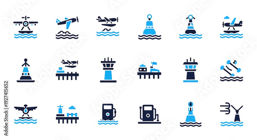 Waterplane, seaplane, airfield and buoy vector glyph icons set. Plane landing, control tower, harbor, floatplane, aircraft, seaside symbols.