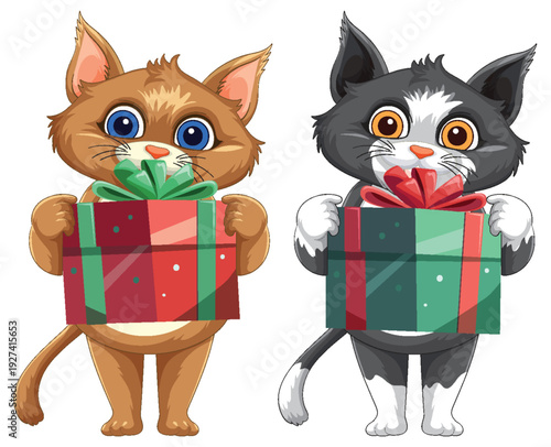 Two Cute Cartoon Cats Holding Wrapped Gift Boxes with Bows